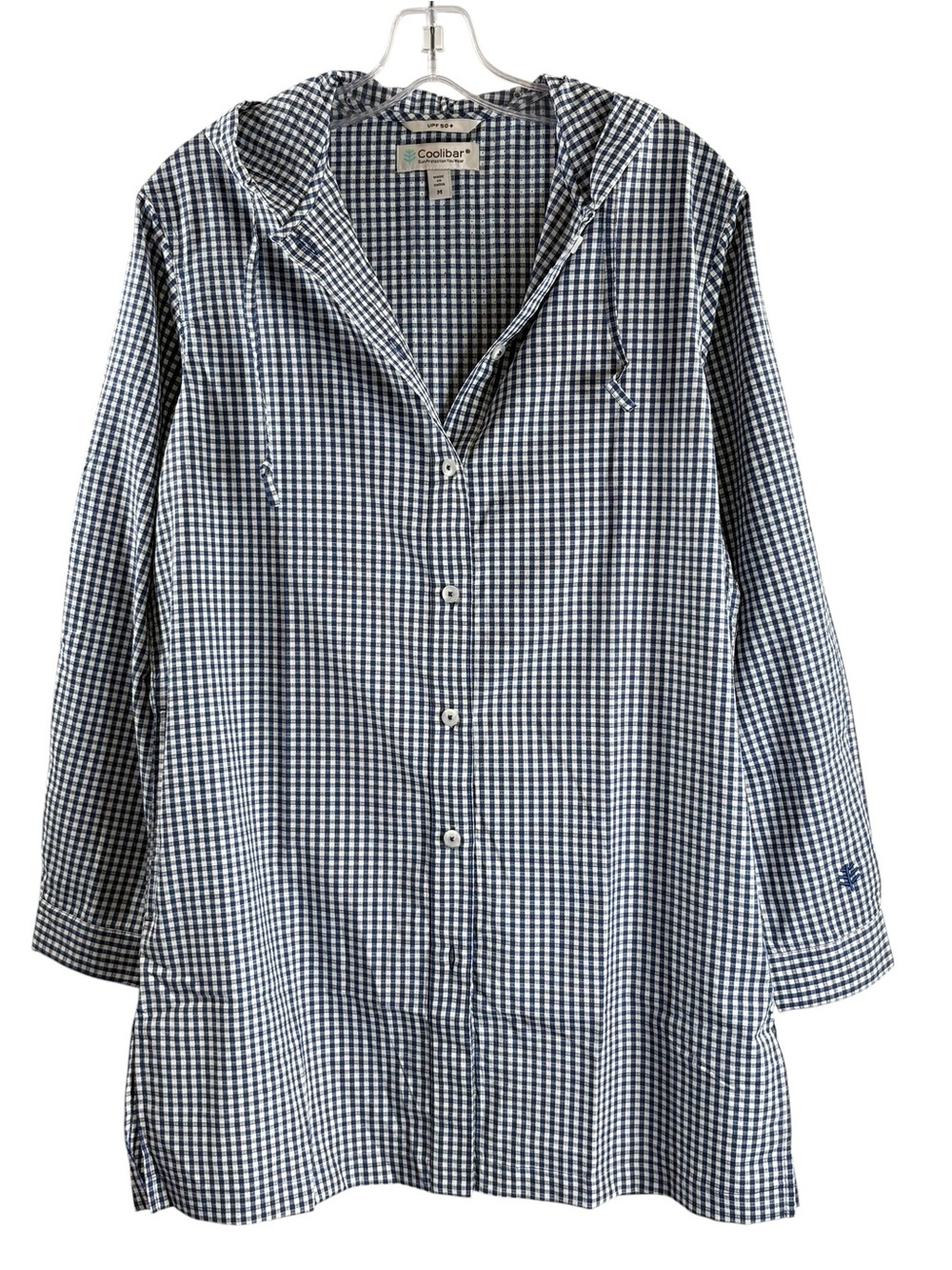 Coolibar Blue & White Gingham Sun Shirt with Hooded Collar $99